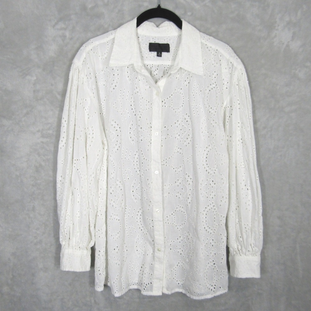 Nili Lotan Button Down Shirt Womens Large White Cotton Eyelet Long Sleeve